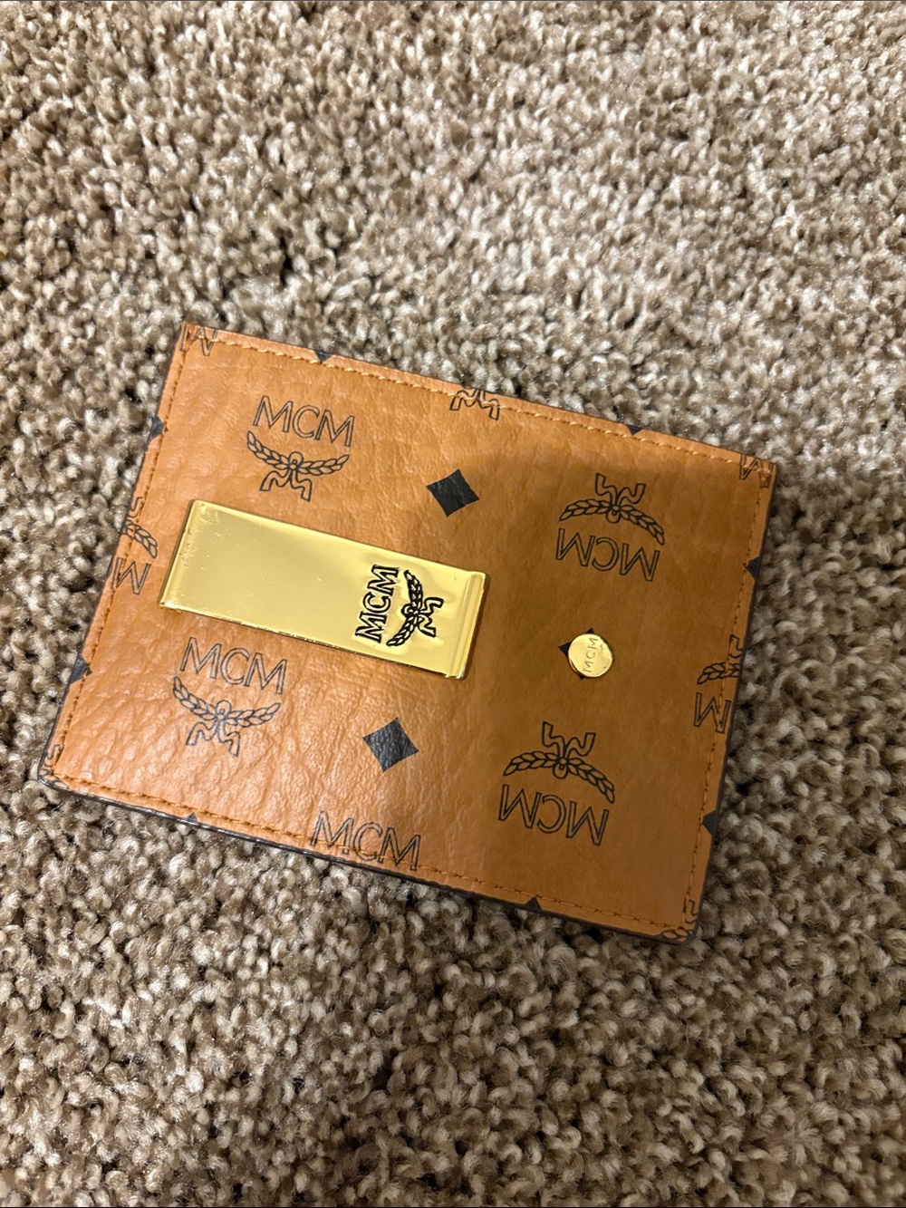 MCM Cognac Visetos Card Holder with Gold Clip